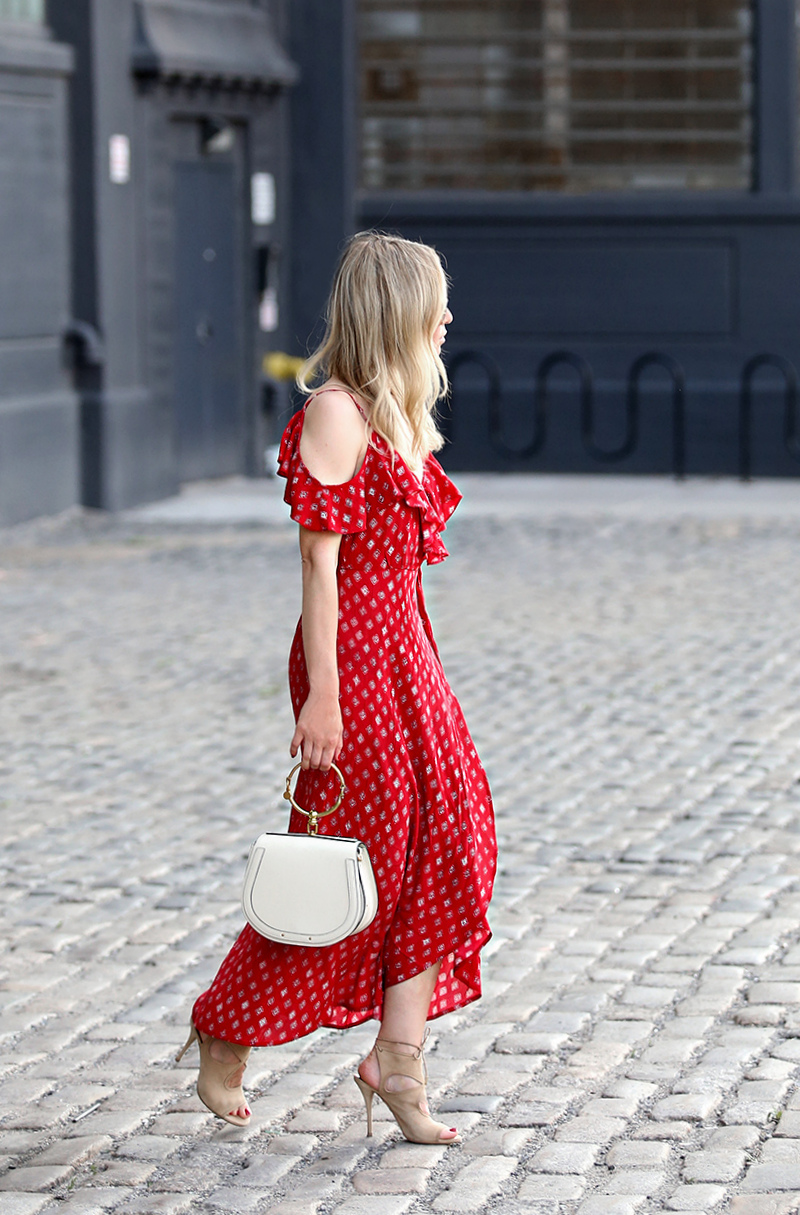 Breezy Dresses for Summer - Helena Glazer of Brooklyn Blonde wearing Band of Gypsies dress, Aquazzura shoes, medium Chloe Nile bag, Ray Ban sunglasses, Hermes cuff