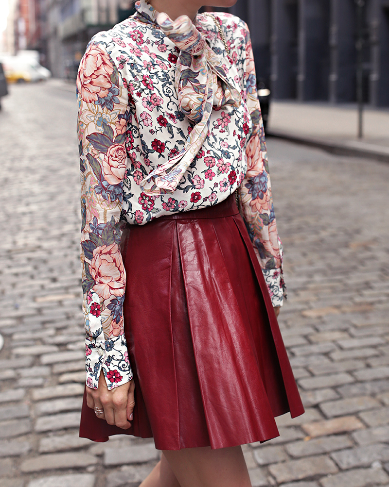 Helena Glazer of Brooklyn Blonde wearing See by Chloe floral top, Alice + Olivia maroon Leather Skirt, Manolo Blahnik shoes