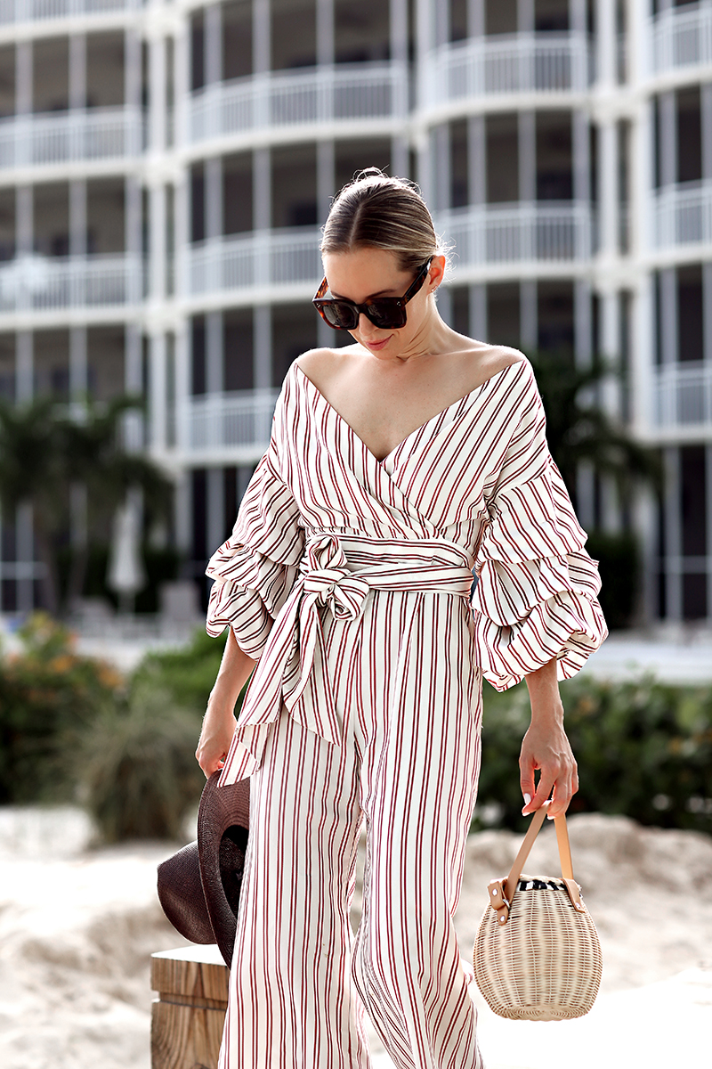 Helena Glazer of Brooklyn Blonde wearing Alexis Jumpsuit, Aquazzura Wild Thing Slides, Basket bag, Celine Sunglasses