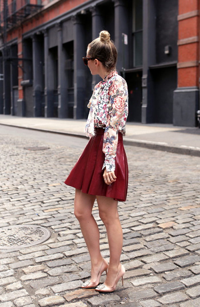 Floral Top with Leather Skirt - NYC Outfit Inspiration | Brooklyn Blonde
