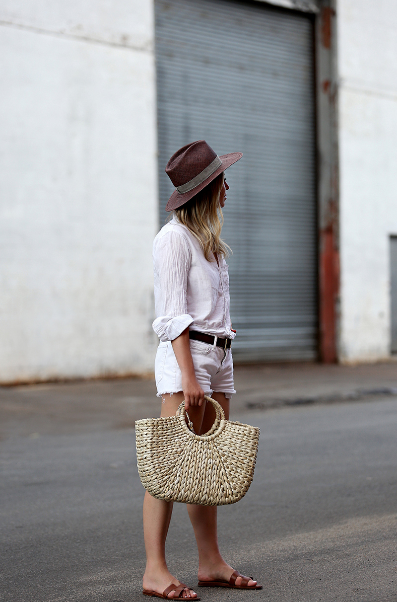 Summer whites, Monochromatic look, Helena of Brooklyn Blonde wearing Sanctuary button up, Current/Elliott denim, Hat Attack Basket Bag, Janessa Leone Hat, Hermes Oran slides