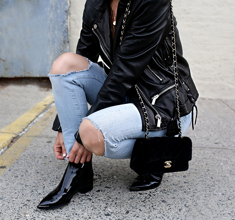 Weekend Casual Style | Helena from Brooklyn Blonde wears Nour Hammour Leather Jacket, Frame Denim, Velvet Chanel Bag and Marc Fisher Booties.