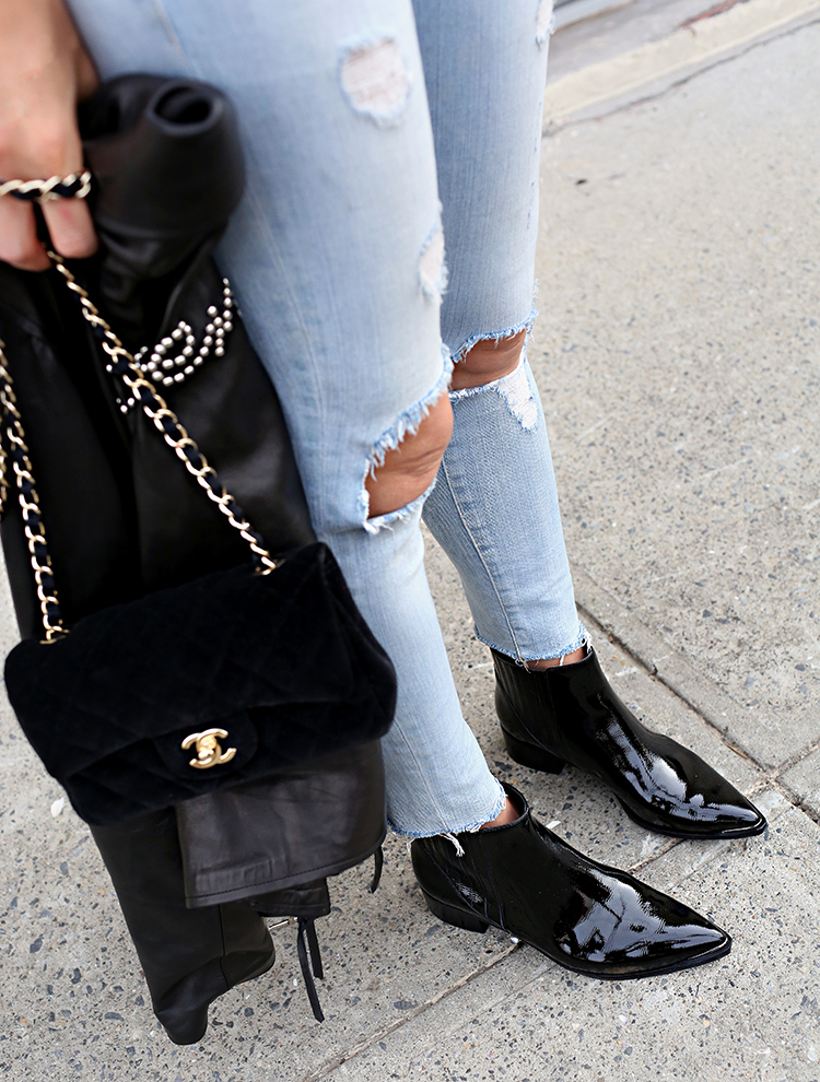 Weekend Casual Style | Helena from Brooklyn Blonde wears Nour Hammour Leather Jacket, Frame Denim, Velvet Chanel Bag and Marc Fisher Booties.