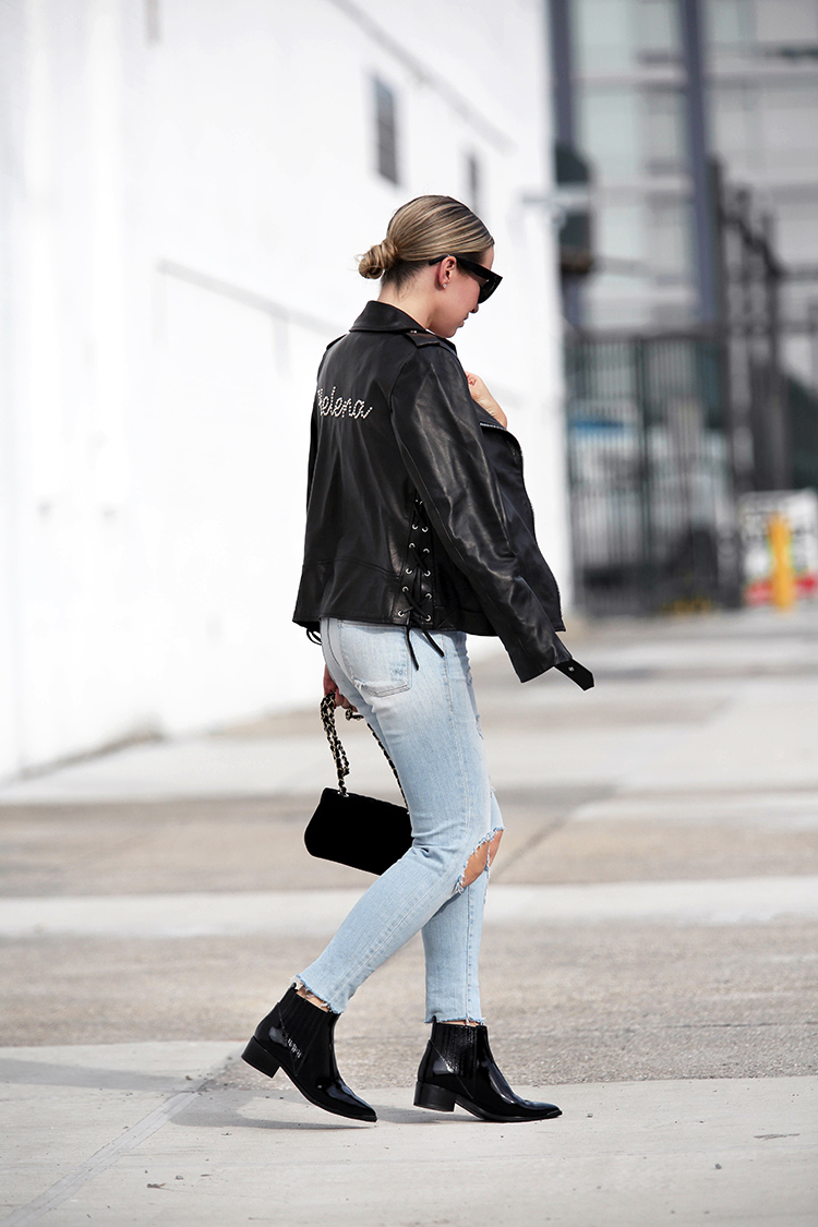 Weekend Casual Style | Helena from Brooklyn Blonde wears Nour Hammour Leather Jacket, Frame Denim, Velvet Chanel Bag and Marc Fisher Booties.Weekend Casual Style | Helena from Brooklyn Blonde wears Nour Hammour Leather Jacket, Frame Denim, Velvet Chanel Bag and Marc Fisher Booties.