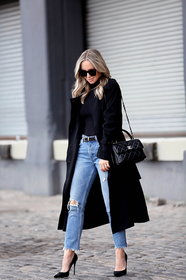 Fall Outfit Inspiration, Black Trench Coat, Levis Denim, Helena of Brooklyn Blonde