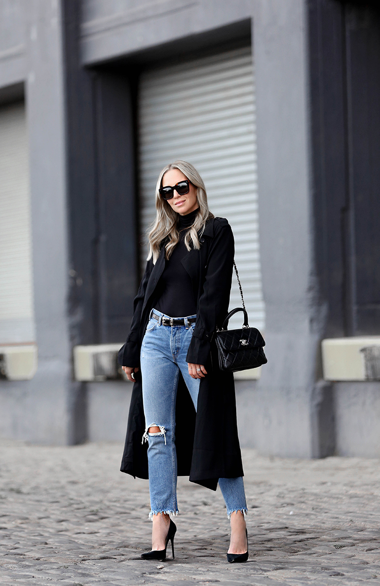 Fall Outfit Inspiration, Black Trench Coat, Levis Denim, Helena of Brooklyn Blonde