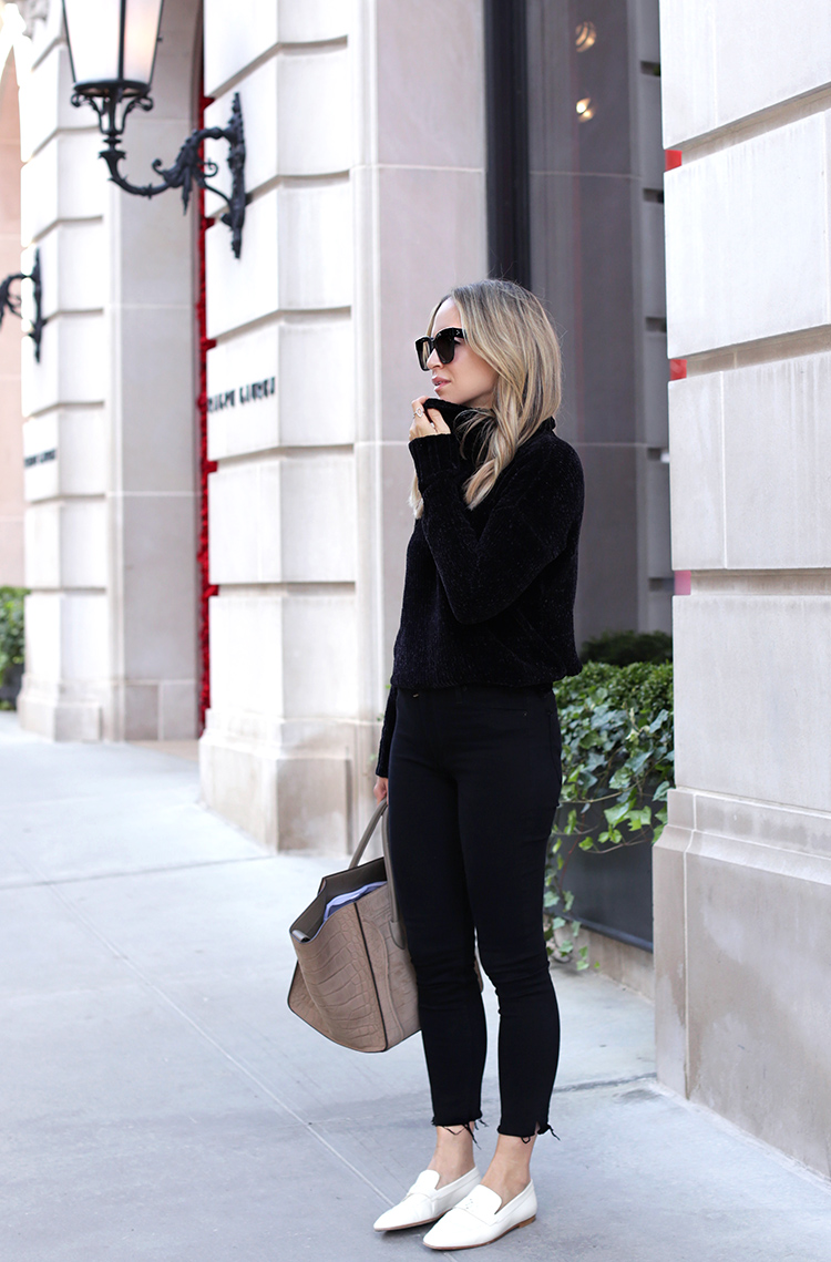 Fall Style: How to Style White Loafers. All black outfit with white loafers | Helena Glazer of Brooklyn Blonde