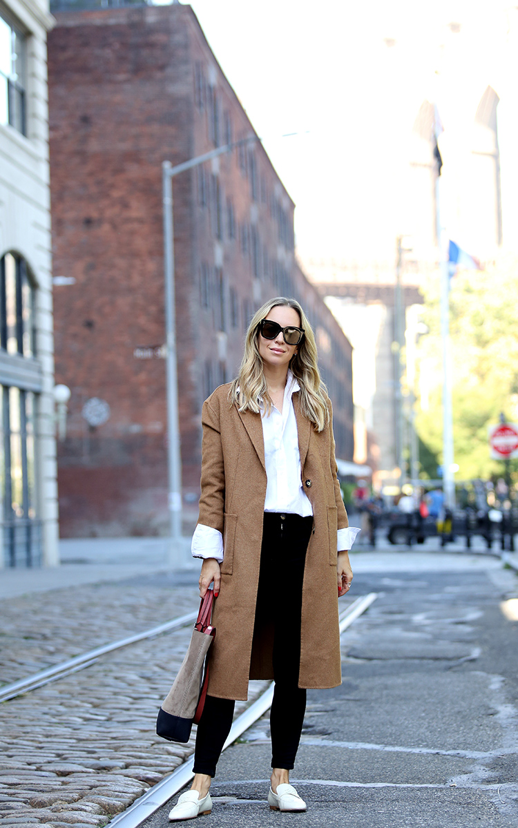 Fall/Winter Outfit Inspiration, Camel Coat, White Loafers, Helena of Brooklyn Blonde