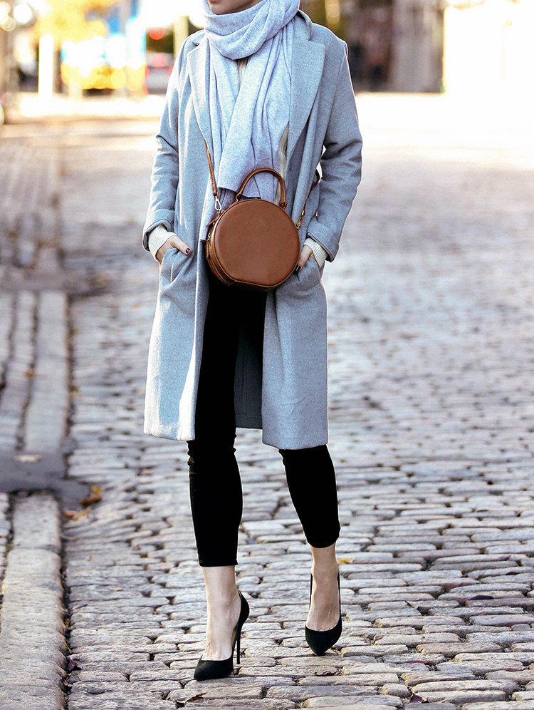 The White Company Cashmere Scarf, H&M Grey Coat, Mansur Gavriel Leather Circle Bag, Helena of Brooklyn Blonde