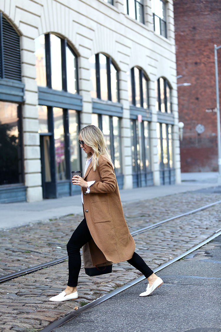 Fall Outfit Inspiration, Camel Coat, White Loafers, Helena of Brooklyn Blonde