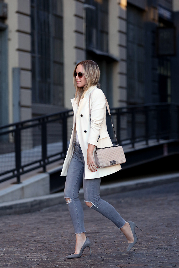 Fall/Winter Outfit Inspiration, White Blazer, Grey Denim, Helena of Brooklyn Blonde