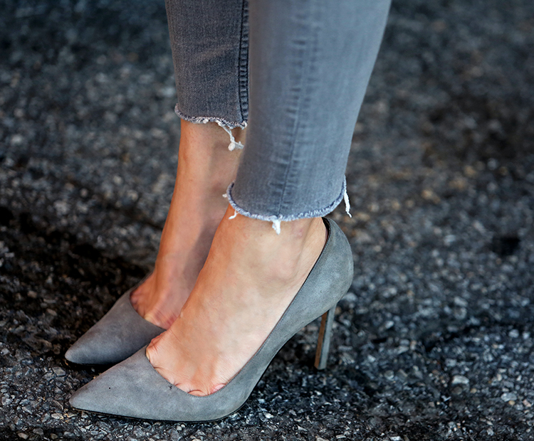 Manolo Blahnik Suede Heels, Grey, Helena of Brooklyn Blonde