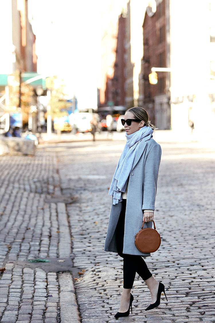 Fall Winter Outfit Inspiration, Grey Coat, Cashmere Scarf, Helena of Brooklyn Blonde