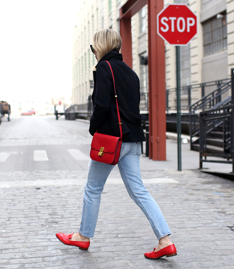 Peacoat Outfit, Red Loafers, Helena of Brooklyn Blonde