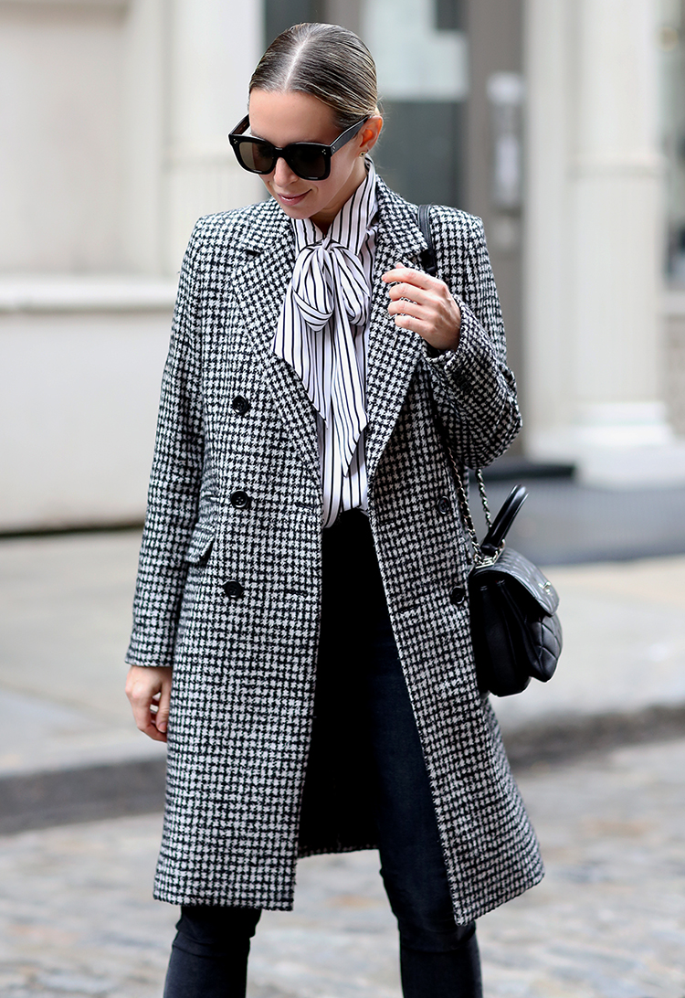 Kooples Check Print Coat, Striped Blouse, Helena of Brooklyn Blonde