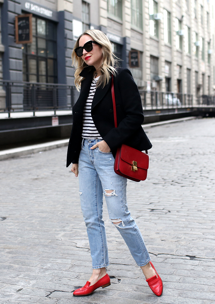 Parisian Inspired Outfit, Stripes, Red Loafers, Helena of Brooklyn Blonde