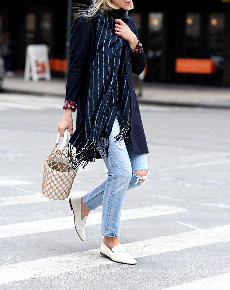 Pinstripe Scarf, Bucket Bag, White Loafers, Street Style, Helena of Brooklyn Blonde