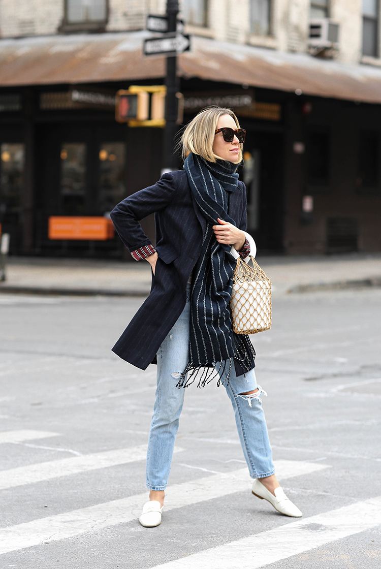 Spring Outfit, Navy Blazer, Pinstripe, Helena of Brooklyn Blonde