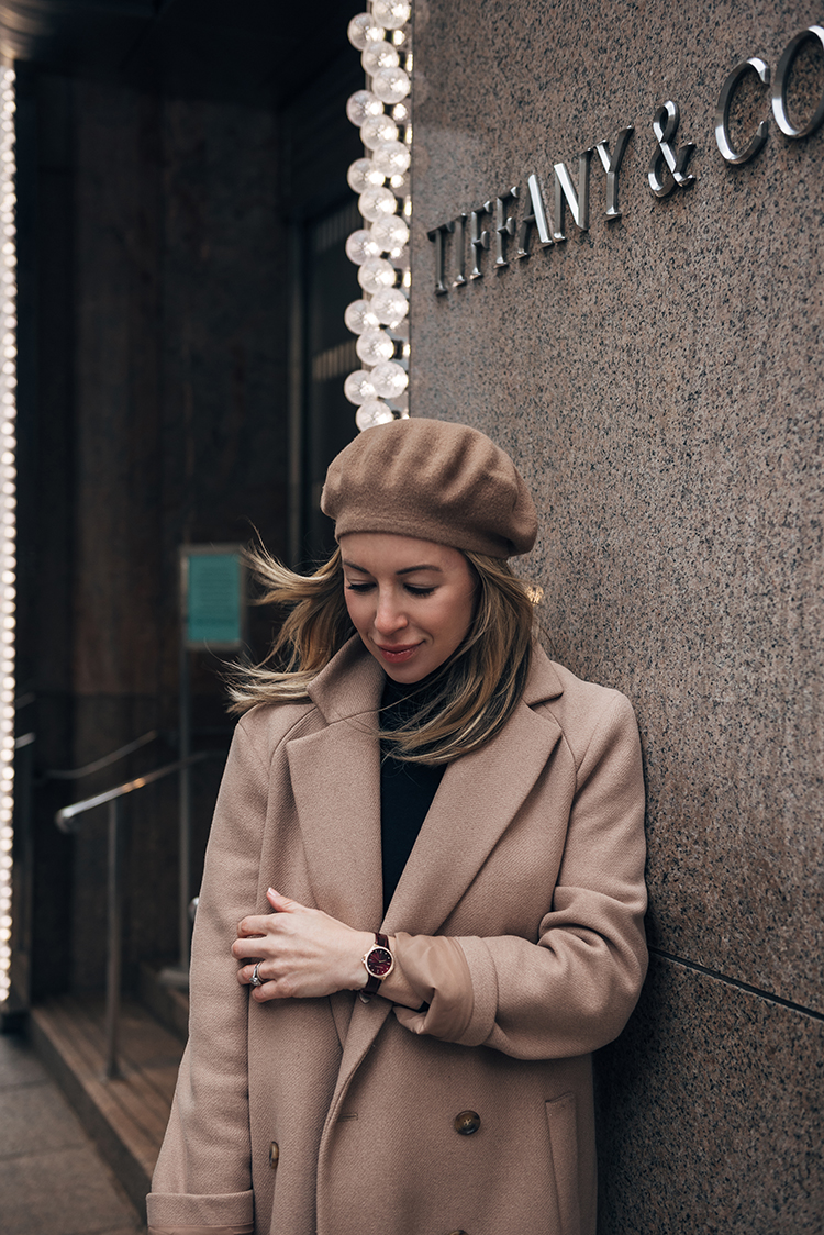 Camel Coat, Beret Hat, Winter Style, Tiffany & Co., Helena of Brooklyn Blonde