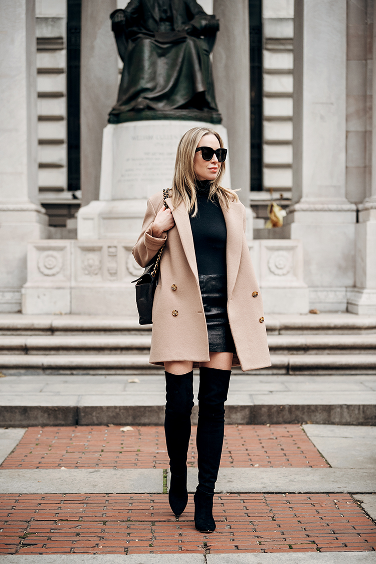 Camel Coat, Black Monochromatic, Spring Outfit, Helena of Brooklyn Blonde
