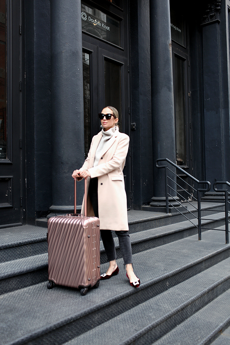 Travel Outfit, Tumi Rose Gold Luggage, Helena of Brooklyn Blonde