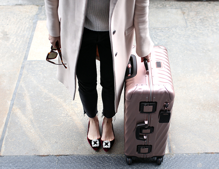 Tumi Rose Gold Aluminum Luggage, Helena of Brooklyn Blonde