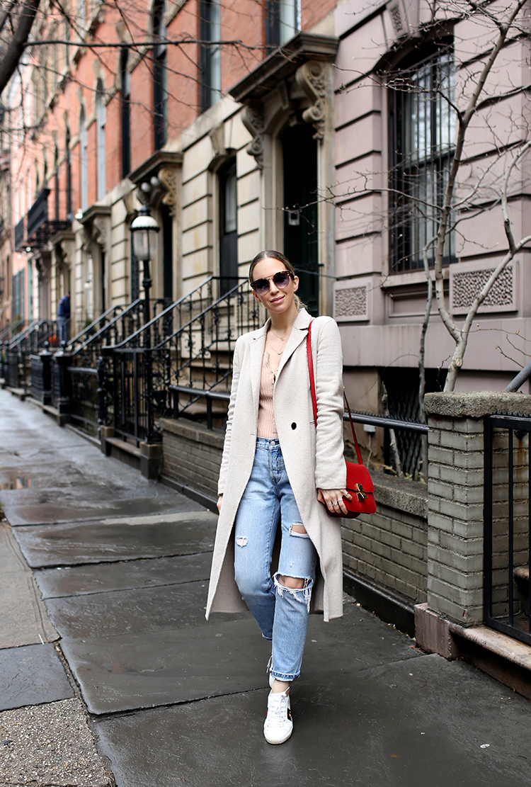 Levi's denim, beige trench coat, Helena of Brooklyn Blonde