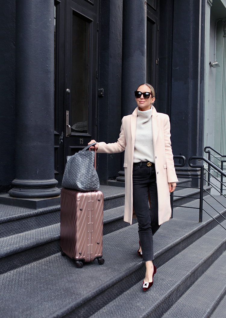 Travel Outfit, Tumi Rose Gold Luggage, Helena of Brooklyn Blonde