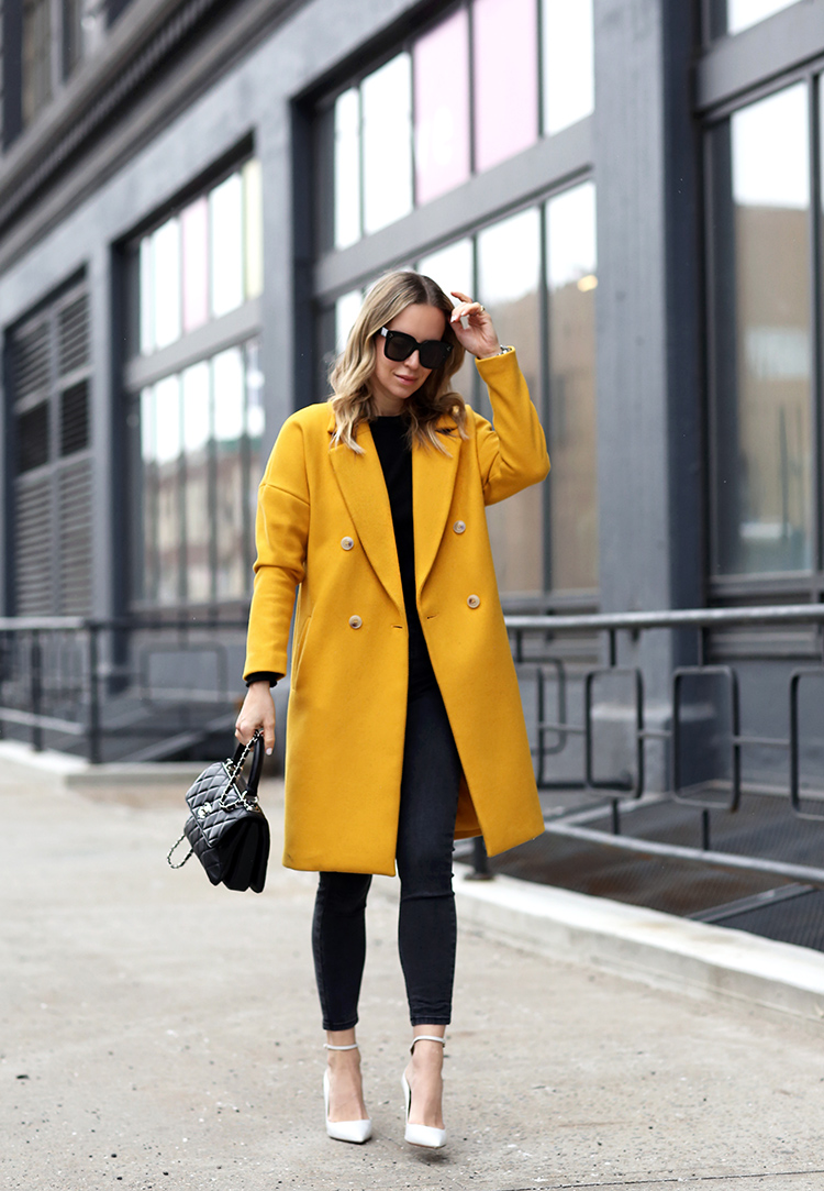 H&M Yellow Coat, Black Outfit, Helena of Brooklyn Blonde