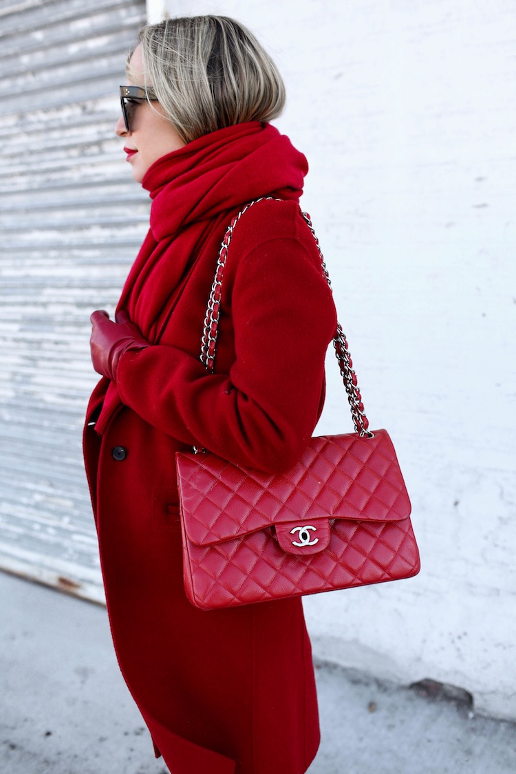 Now Arriving Rich Ruby Red Cashmere Scarf, Red Coat, Red Chanel Bag, Helena of Brooklyn Blonde
