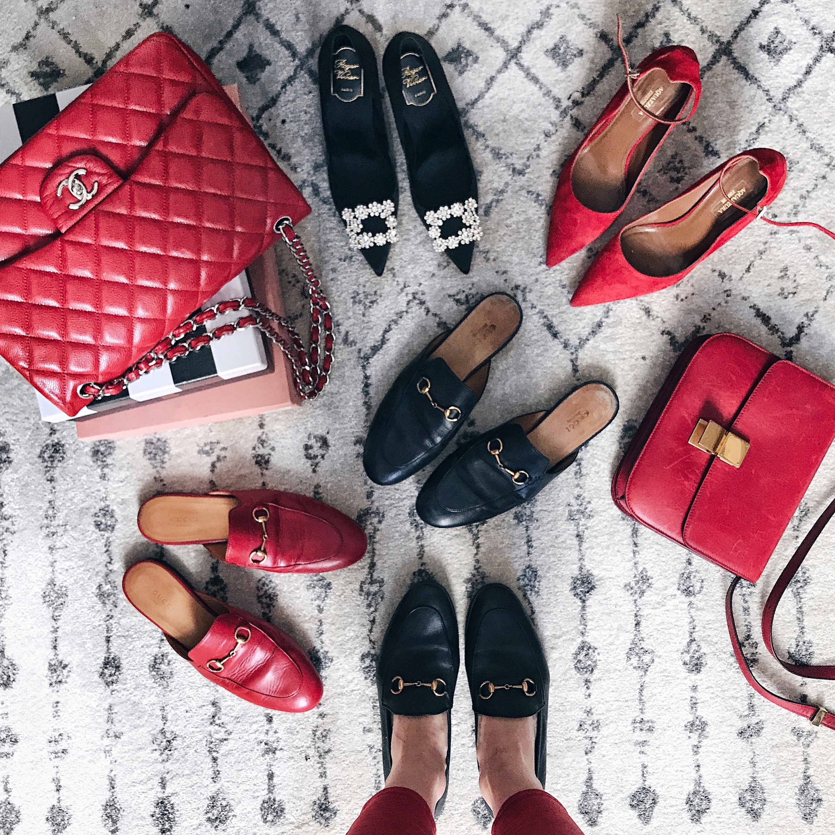 Gucci Princetown Loafers, Aquazzura Flats, Red and Black Details, Helena of Brooklyn Blonde