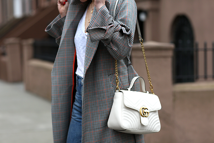 Topshop check print trench coat, Gucci White bag, Helena of Brooklyn Blonde