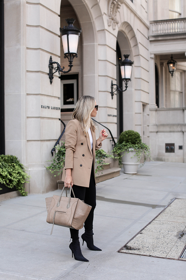 Camel Theory Blazer, Spring Outfit, Beige and Black, Helena of Brooklyn Blonde