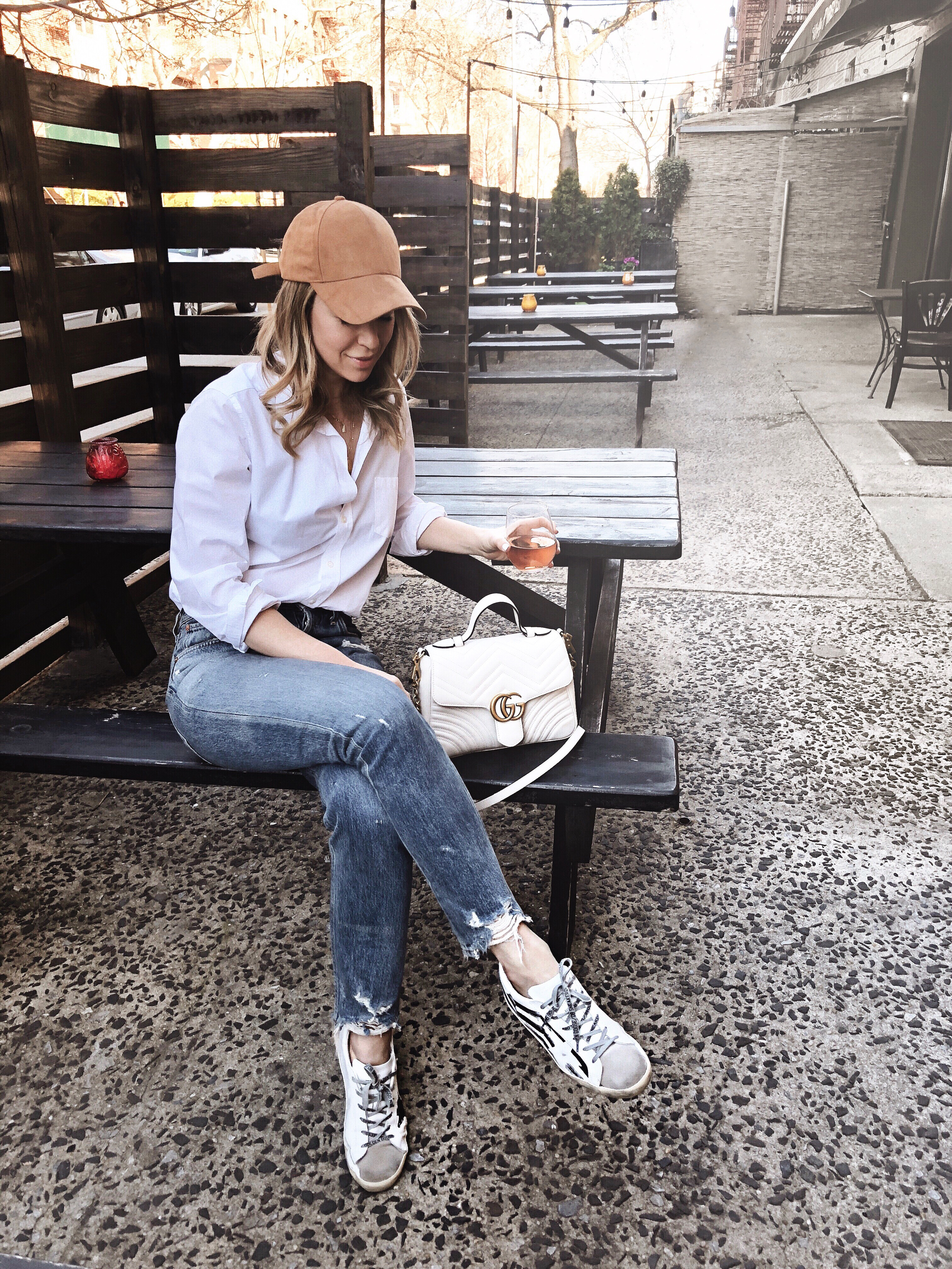 casual style, golden goose sneakers, Gucci marmot bag, Helena glazer of Brooklyn blonde.