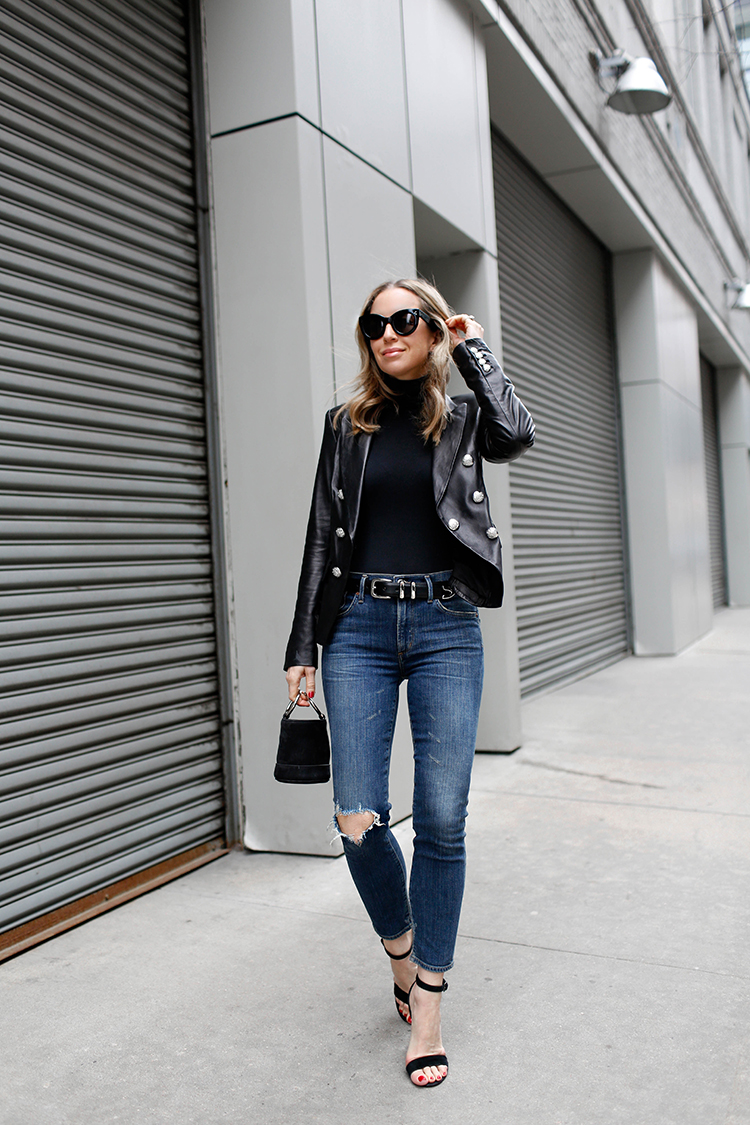 Veronica Beard Leather Blazer, AGolde Denim, Spring Style, Simon Miller Bag, Helena of Brooklyn Blonde and sharing seasonal rut 