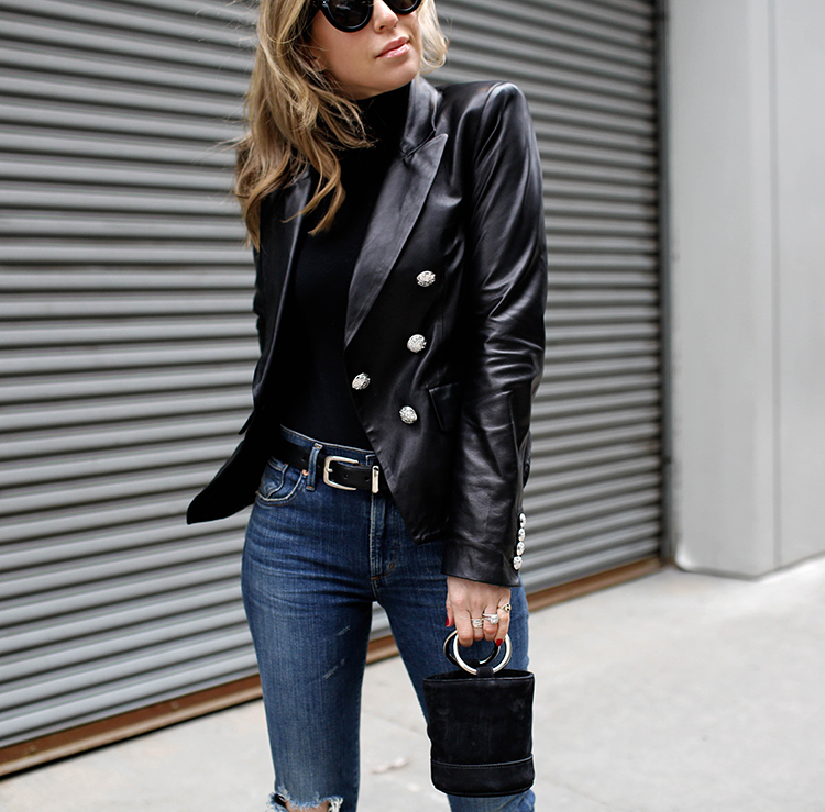 Veronica Beard Leather Blazer, W.Kleinberg Belt, Simon Miller Bag, Spring Style, Helena of Brooklyn Blonde and sharing her seasonal rut 