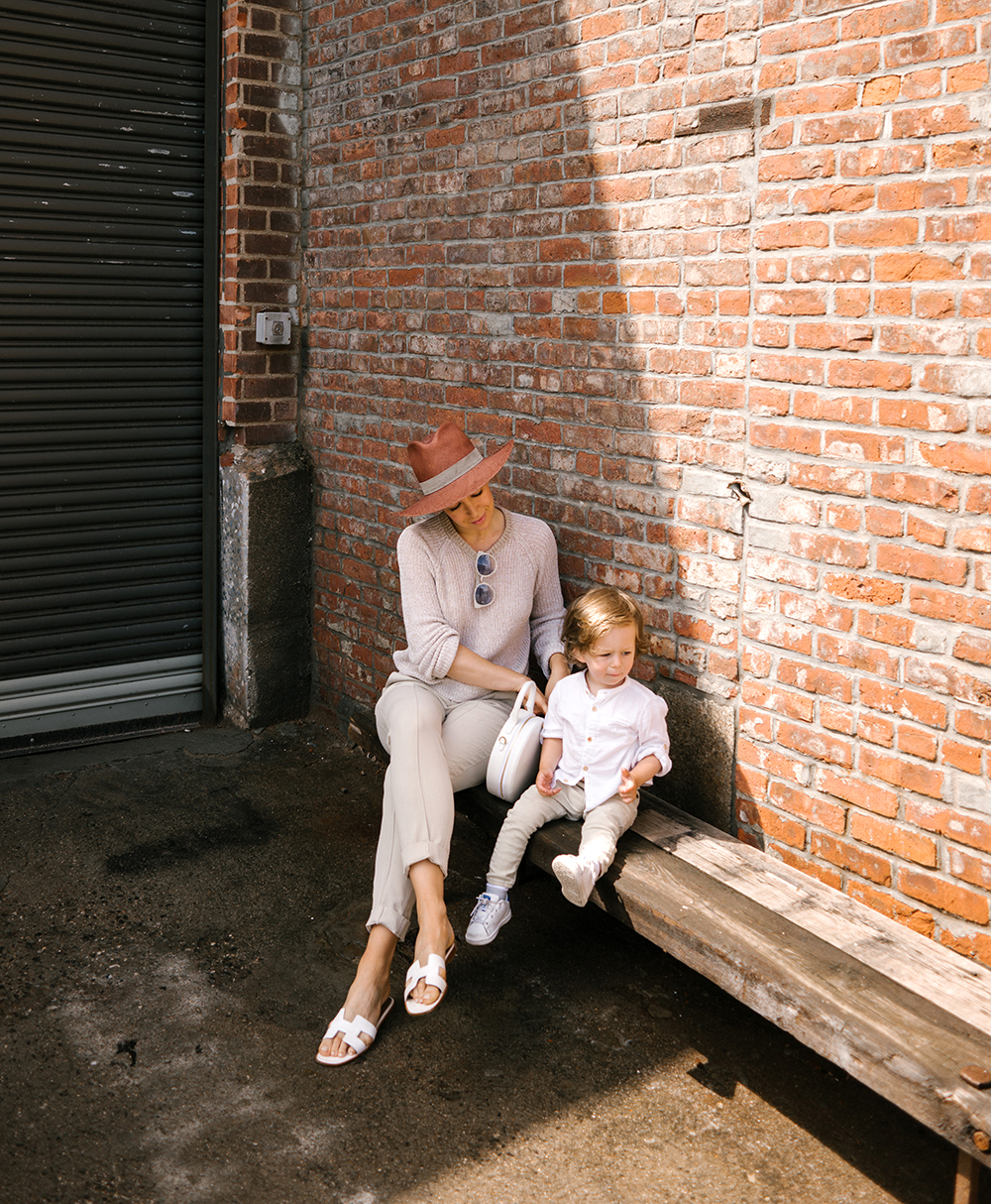 Spring Style, Monochromatic, Janessa Leone Hat, Hermes Slides, Helena of Brooklyn Blonde