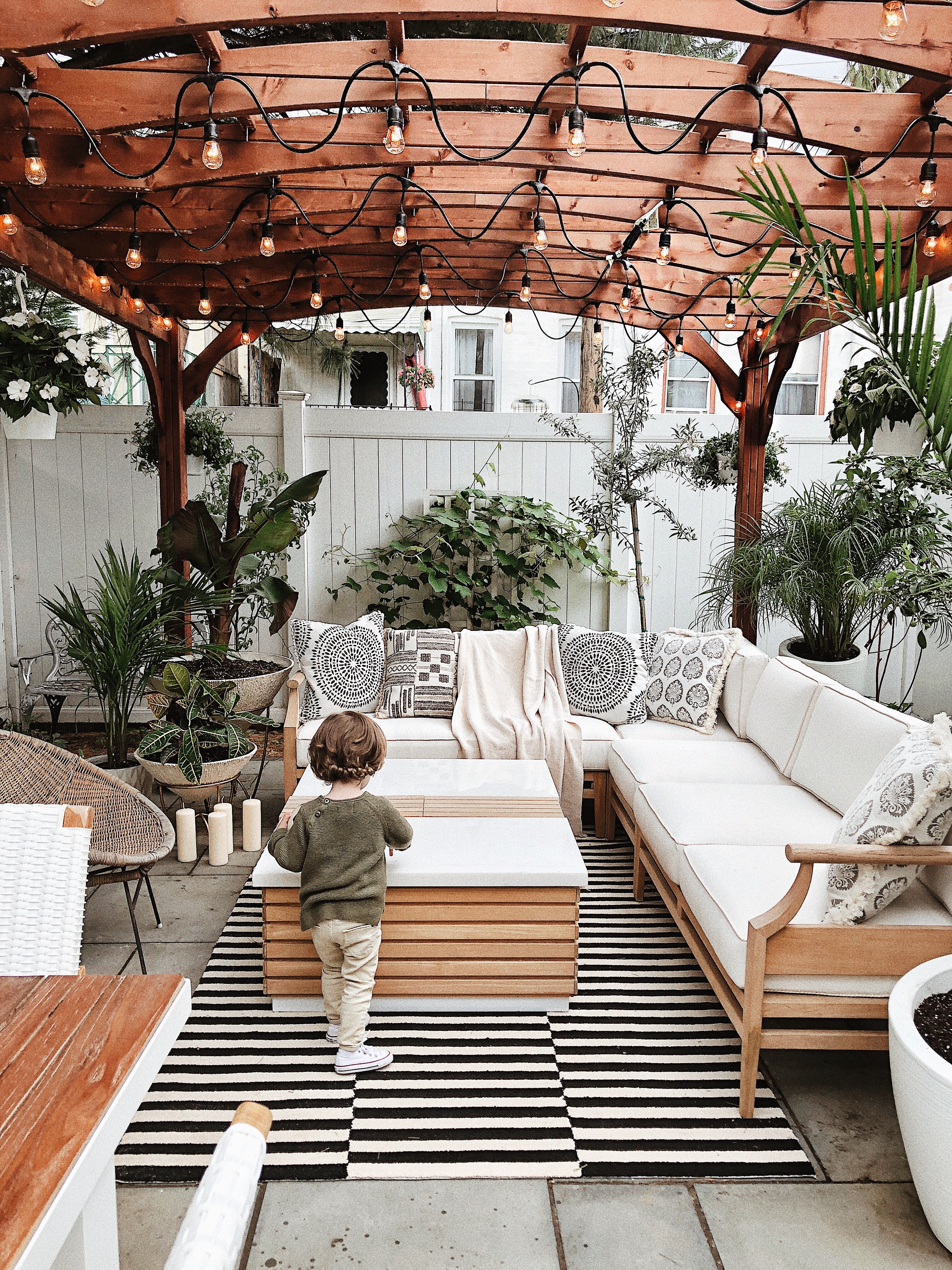 Urban backyard, backyard inspiration, Brooklyn backyard, backyard with pergola. 