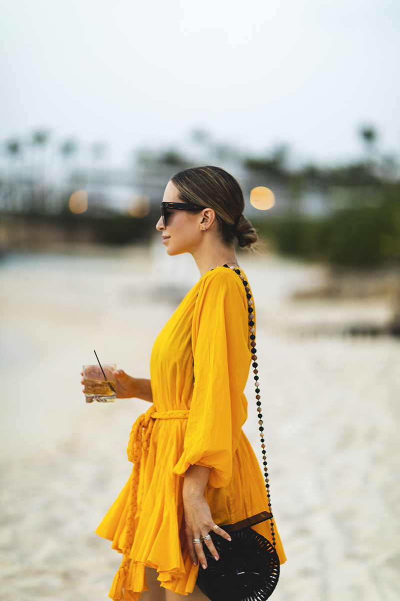 Rhode Yellow Dress, Cult Gaia Black Round Bag, Anguilla, Travel Ideas and Outfit, Helena of Brooklyn Blonde