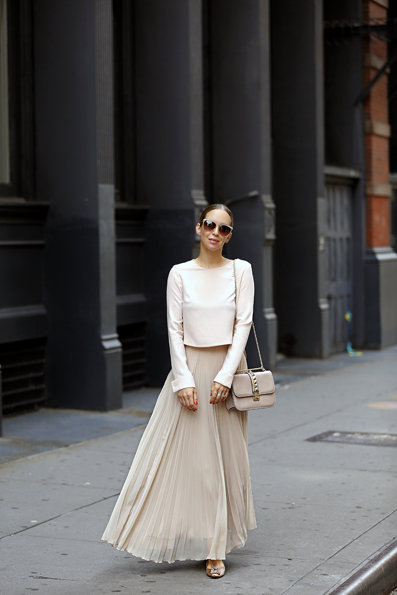 Monochromatic Blush Outfit, Zara Pleated Maxi Skirt, All Saints Blush Leather Jacket, Helena of Brooklyn Blonde