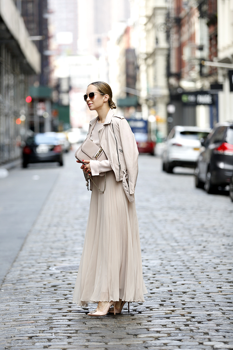 Helena of Brooklyn Blonde wearing Monochromatic Blushing Outfit, Zara Pleated Maxi Skirt, All Saints Blush Leather Jacket