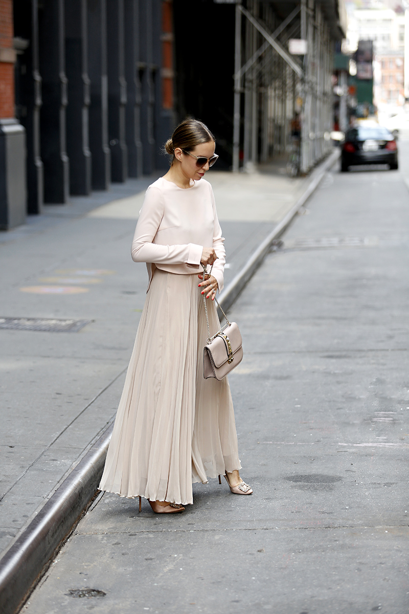 Helena of Brooklyn Blonde wearing Monochromatic Blushing Outfit, Pleated Maxi Skirt, 