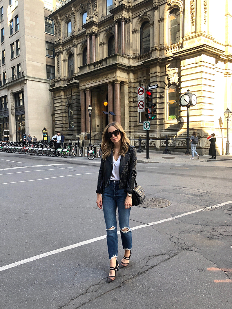 woman in shirt, jacket and jeans for Trip to Montreal