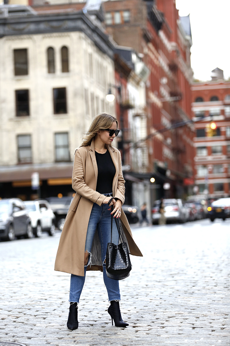 Helena of Brooklyn Blonde wearing camel coat for fall teaser outfit 
