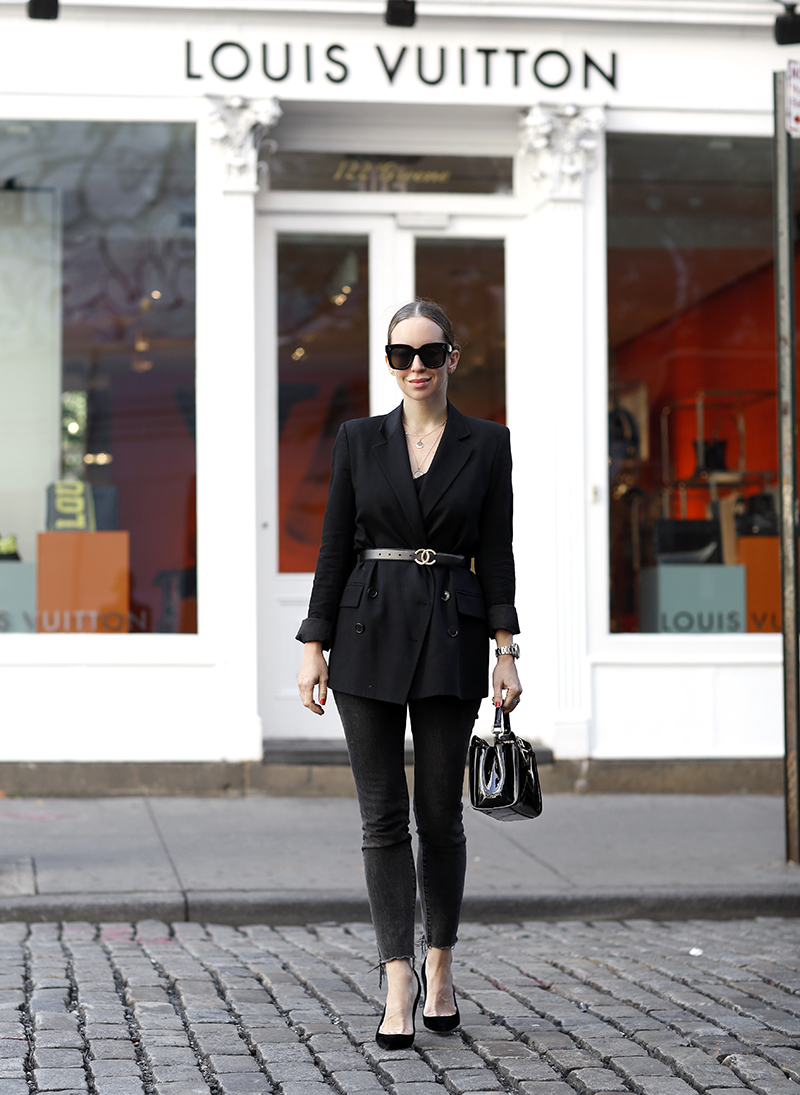 Helena of Brooklyn Blonde Boyfriend Blazer Outfit, Vintage Chanel Belt, Fall Style, Monochromatic Black Outfit