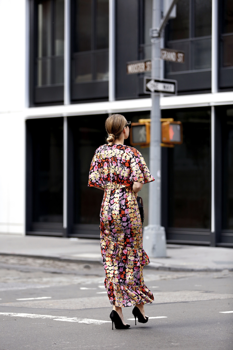 woman out for a Night Out in floral Saloni dress