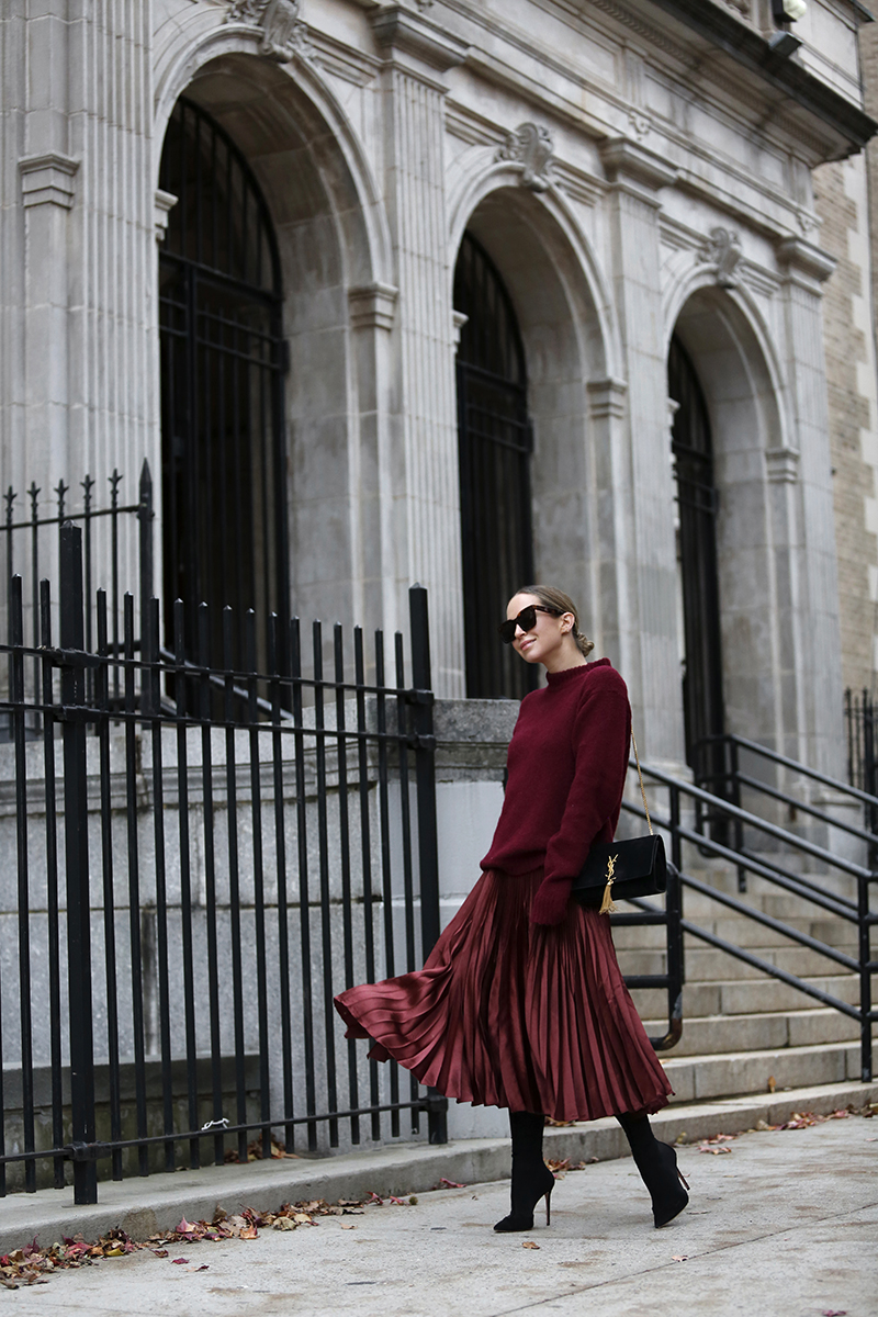 Holiday Dressing, Burgundy Monochromatic Outfit, Helena of Brooklyn Blonde