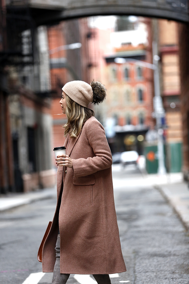 Holiday Dressing: Vintage Rose | Vince Long Wool Alpaca Blend Coat in Blush, Winter Monochromatic Outfit, Blush Beanie, Helena of Brooklyn Blonde