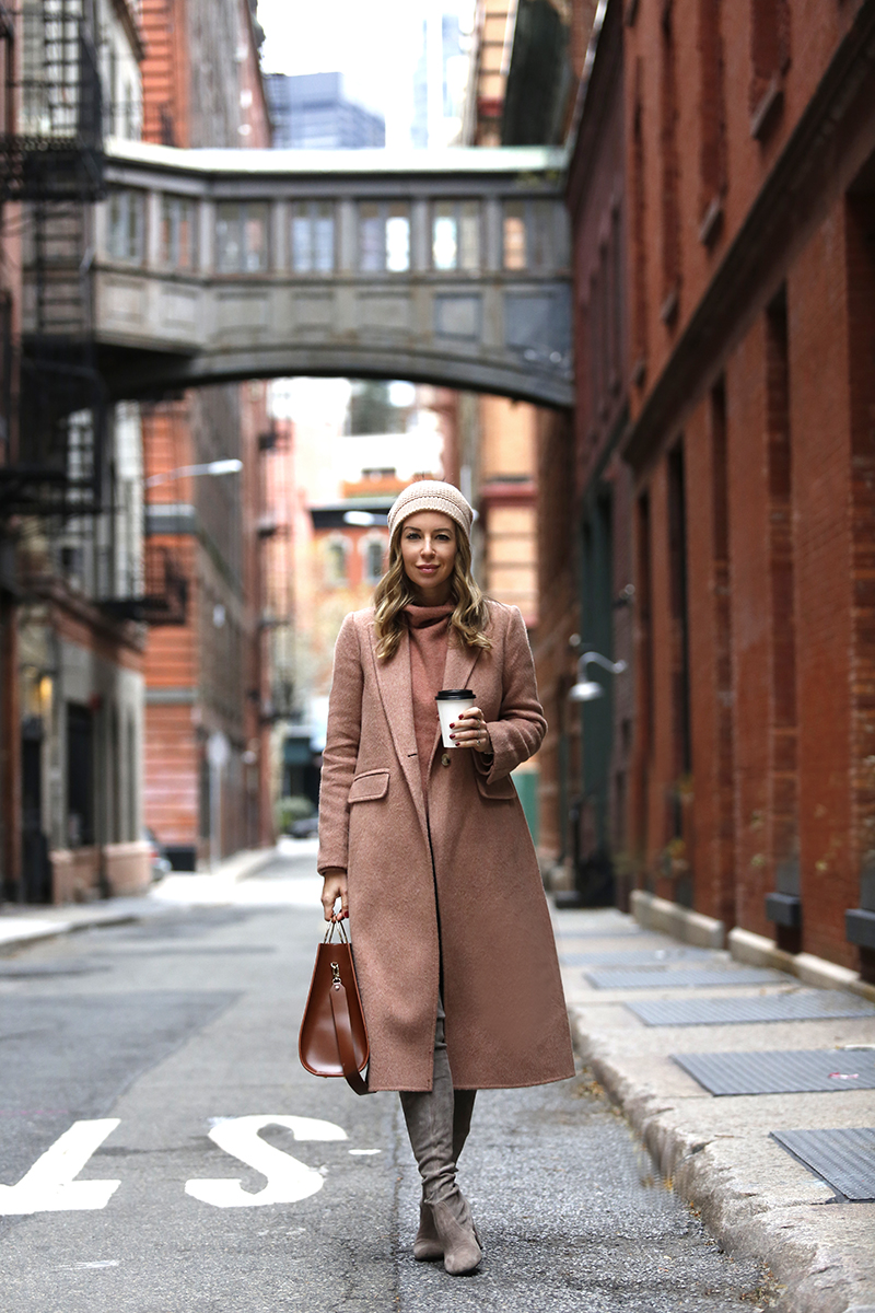 Holiday Dressing: Vintage Rose | Vince Long Wool Alpaca Blend Coat in Blush, Winter Monochromatic Outfit, Helena of Brooklyn Blonde