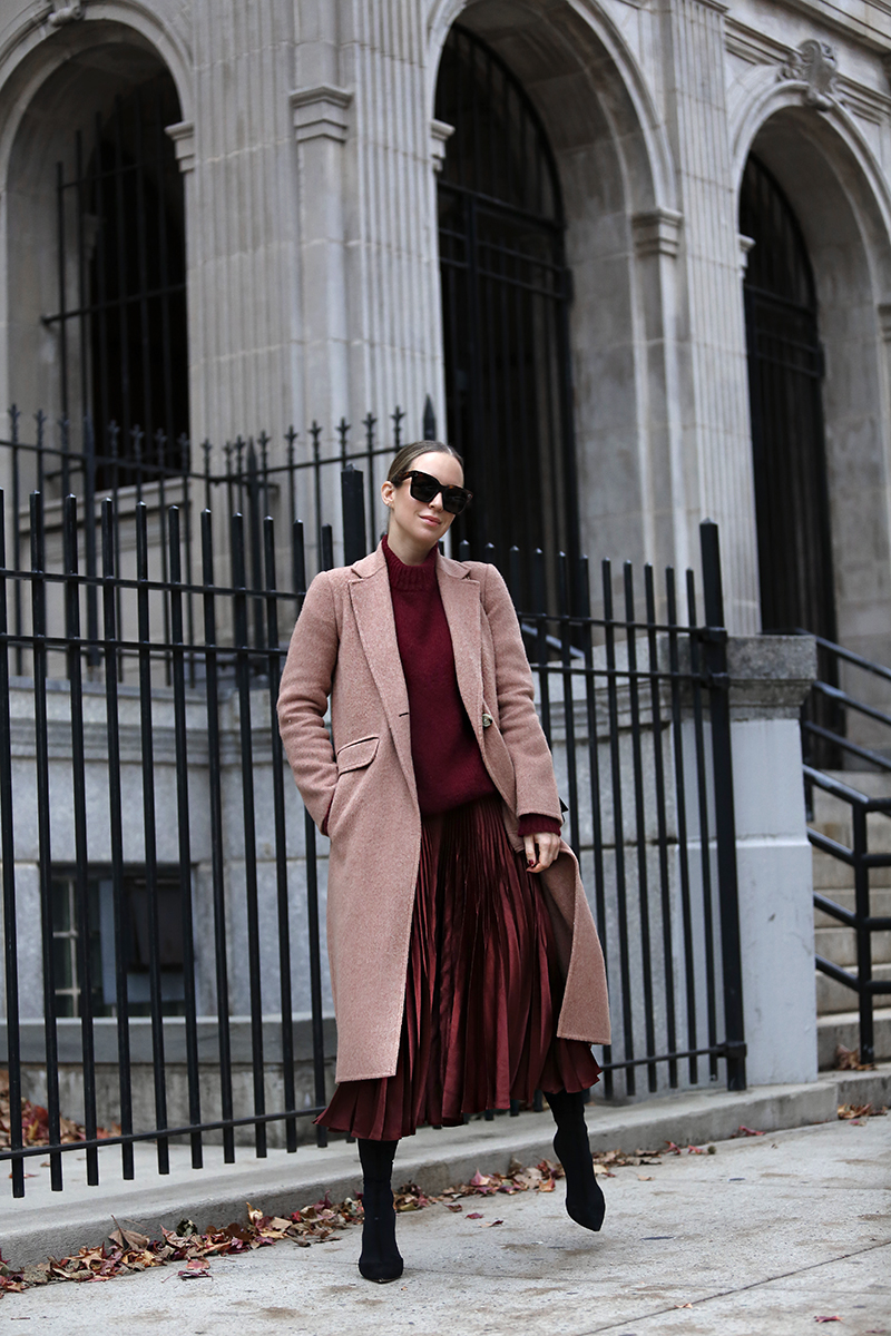 Holiday Dressing, Burgundy Monochromatic Outfit, Pink Wool Coat, Helena of Brooklyn Blonde